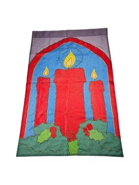 Christmas Trinity Red Candles w/ Holly 43x27" Applique Garden Flag Wall Hanging